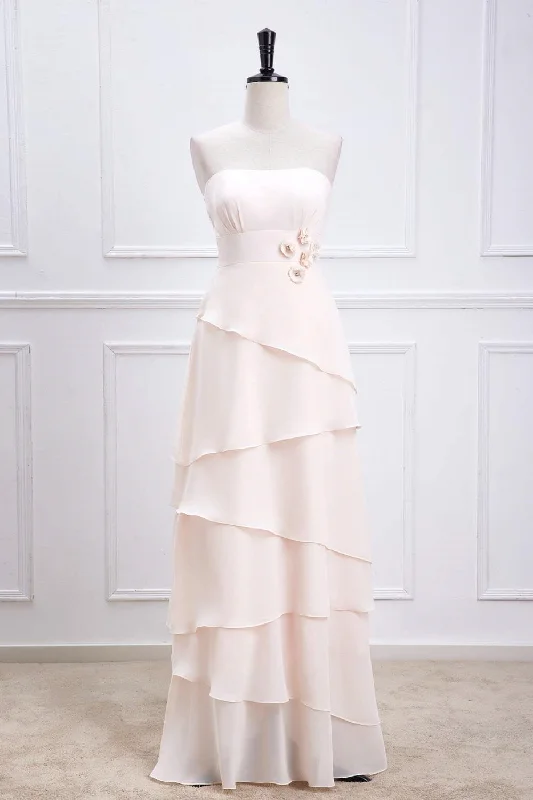 Limited Stock, Big Sale Pink Strapless 3D Flowers Layers A-line Long Bridesmaid Dress Sophisticated Cut