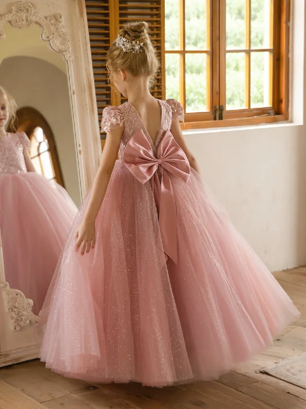 Style Upgrade Crew Neck Tulle Flower Girl Dresses with Applique & Satin Bowknot Sophisticated Cut