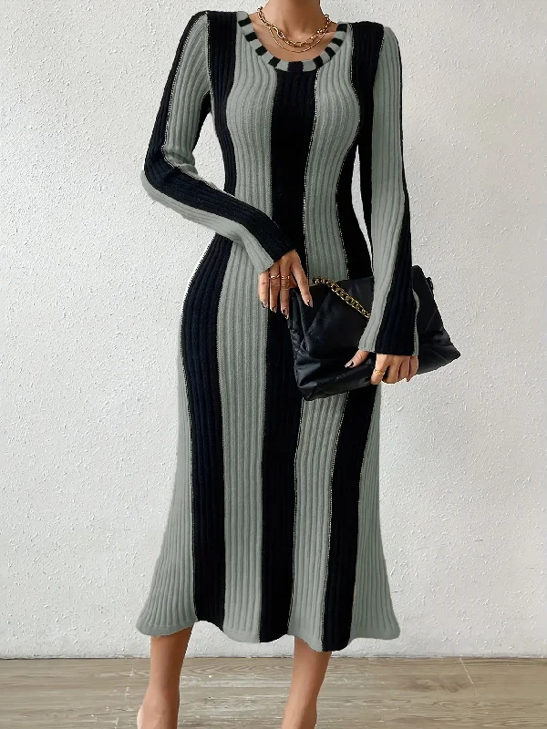 Final Sale Vibrant Striped V-Neck Midi Dress - Elegant Long Sleeve, Bodycon Sheath Design, Comfortable Spring & Fall Essential, Women's Formal Clothing for Work, Date Night or Special Occasions Limited - Stock