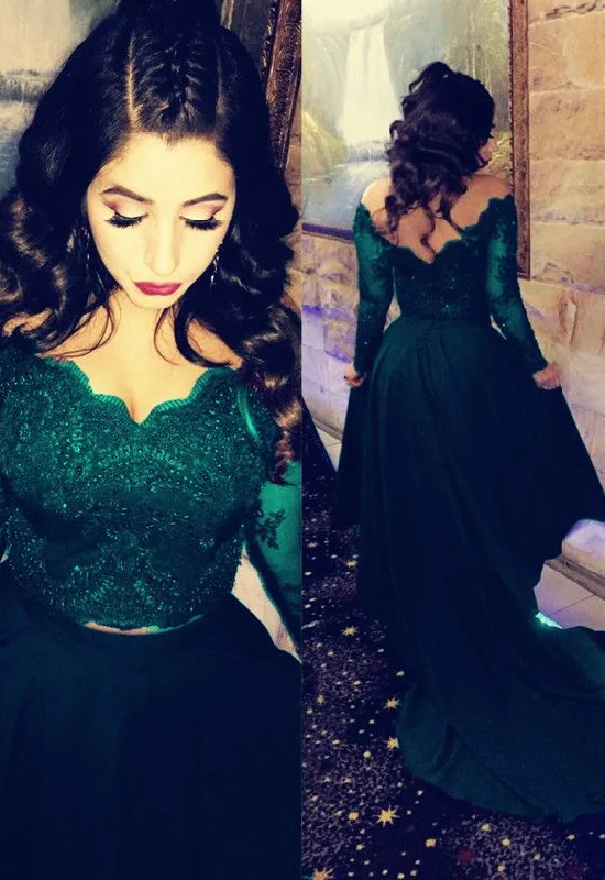 Top Brand Discounts Elegant Long Sleeves Lace Crop Chiffon Prom Dresses Two Piece cg3767 Elegant Attire