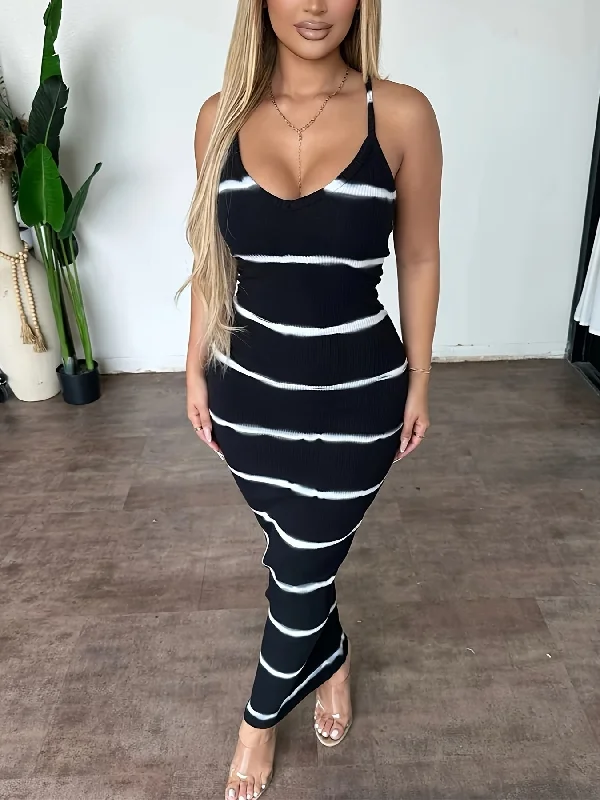 Trendy Street Style IKEARLAX Flattering Striped Cami Maxi Dress - Spaghetti Strap Bodycon for Vacation Chic - Womens Summer Wardrobe Essential Luxe Layering