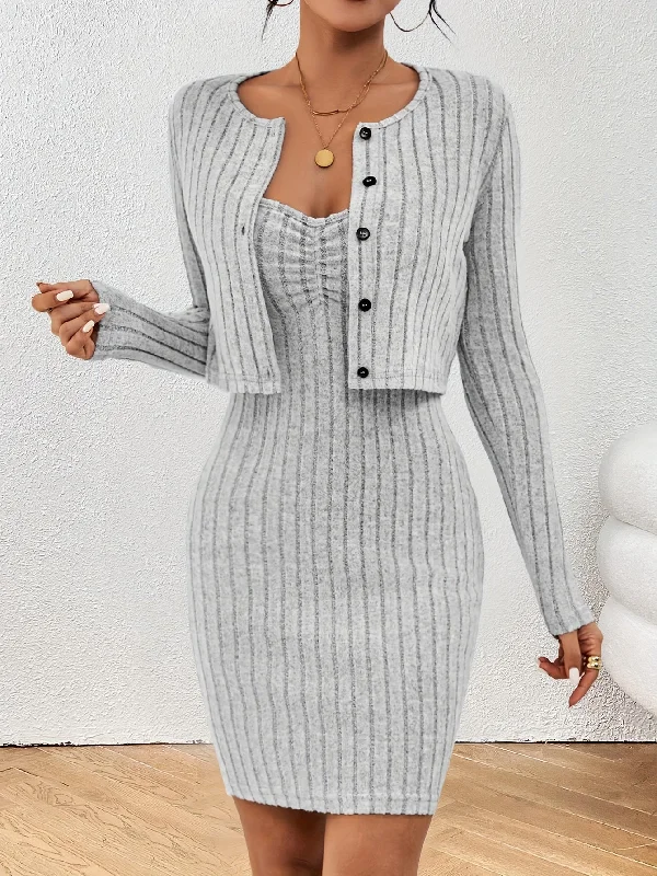 Fast Fashion Favorites Solid Ribbed Chic Two-Piece Set - Button-Front Long Sleeve Tops & Bodycon Mini Dress - Flattering Casual Outfits for Trendy Women Big Savings on Minimalist Office Styles