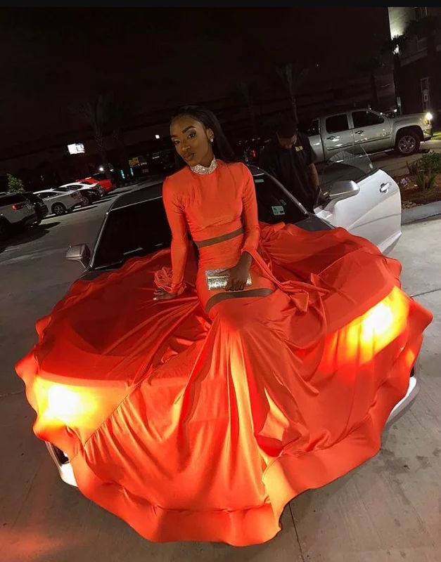 Classic Modern Offers Orange Mermaid High Neck Long Sleeve Beading Prom Dress   cg12828 Vintage Charm