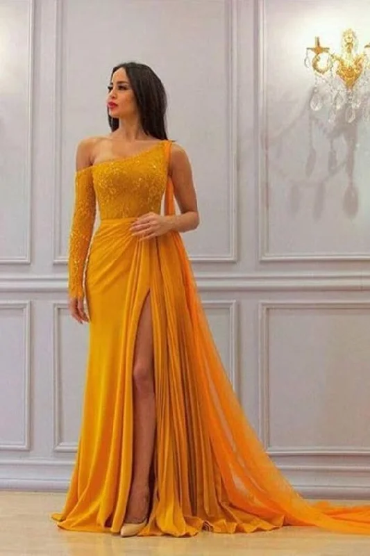 Mega Sales A Line Yellow One Long Sleeve Chiffon Prom Dresses, High Slit Formal Dresses cg1755 Graceful Cut