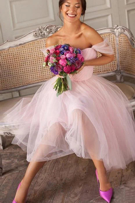 Feminine Style Promotions DingJiDress Sweetheart Short Bridesmaid Dresses Homecoming Dresses Pink Off the Shoulder Tulle Luxury Comfort