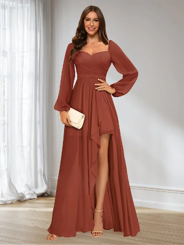 Premium Style A-Line/Princess Sweetheart Long Sleeves Asymmetrical Ruched Bridesmaid Dresses Minimalist Elegant