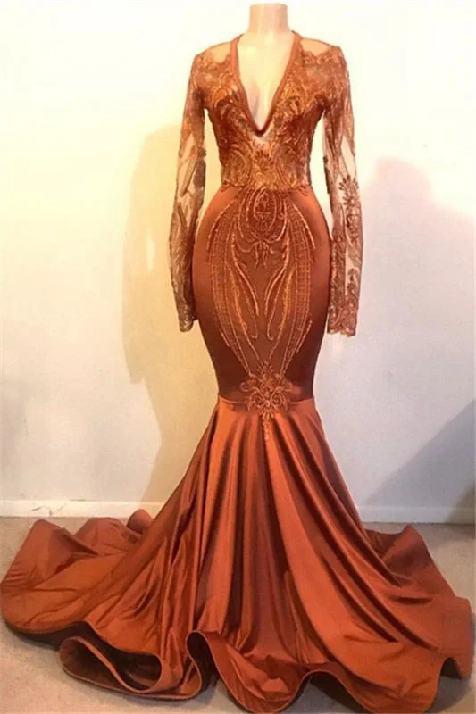 Mega Sales Classic Dust Orange Mermaid V-neck Long Sleeve Prom Dresses Cheap   cg9507 Chic Allure