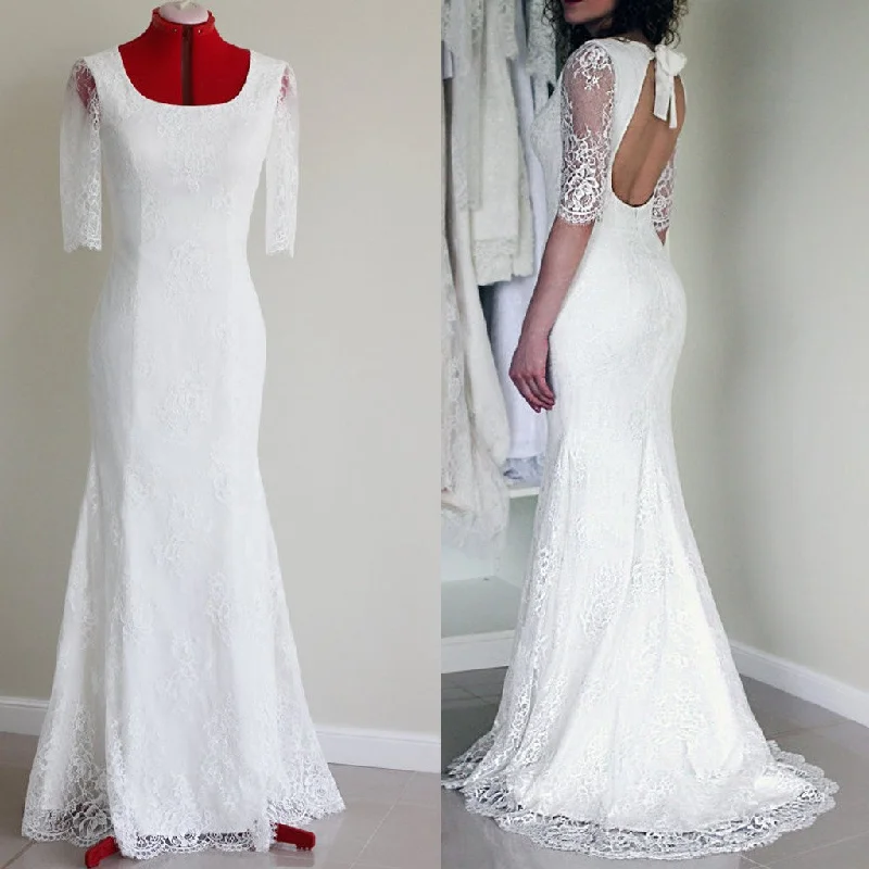 Ride The Style Wave Popular Half Sleeve Sexy Long Mermaid Open Back White Lace Wedding Party Dress, WD0041 Summer Fashion