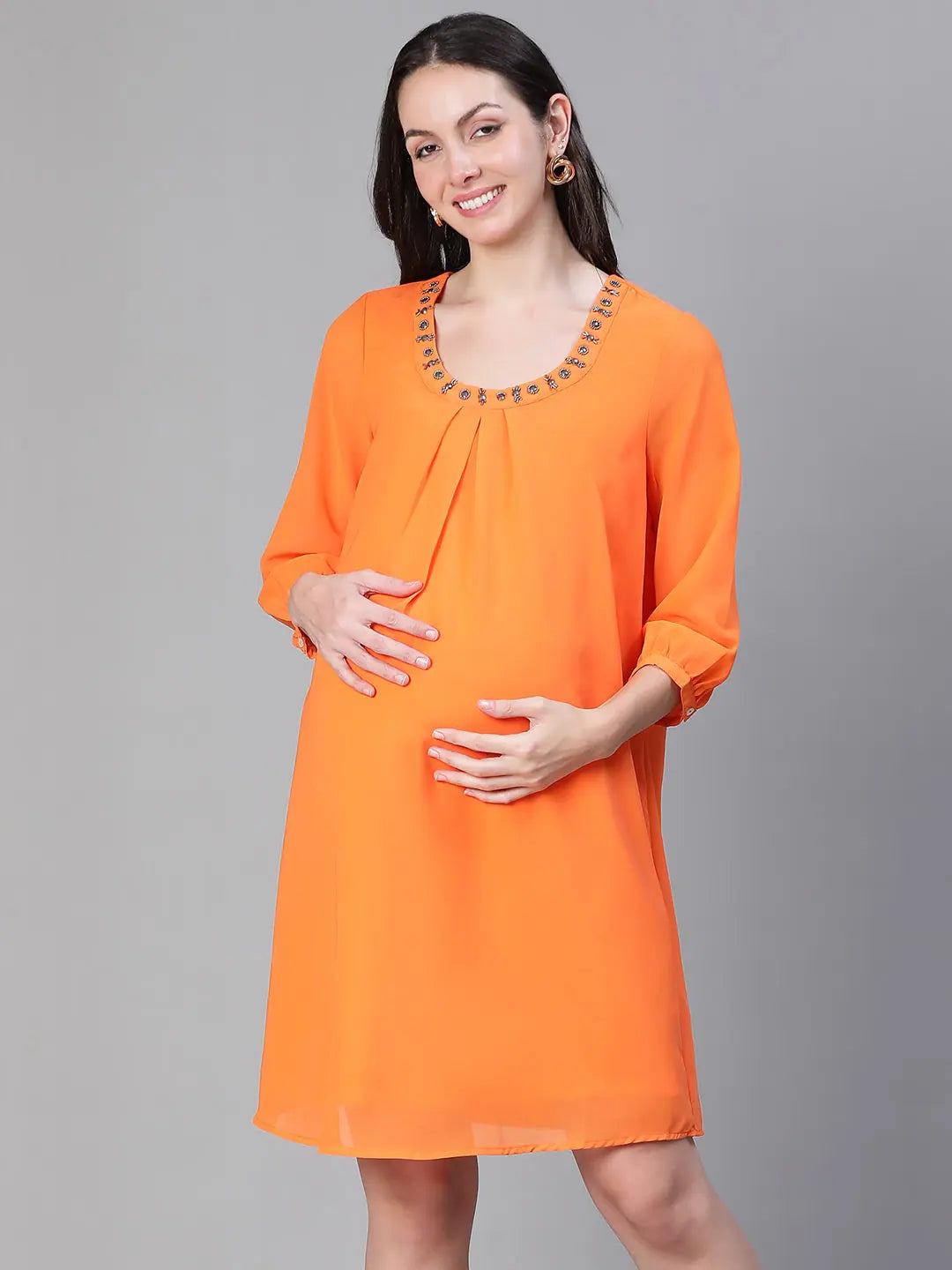 Ride The Style Wave Enhanced Orange Embellished Elsaticated Women Maternity Dress Tropical Island - Inspired Attire