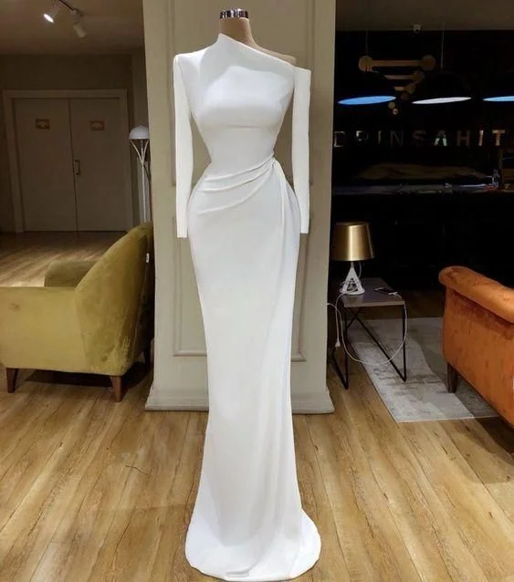 Sophisticated Fashion White evening dresses long sleeve modest simple mermaid elegant cheap formal prom dresses  cg7948 Minimalist Elegant