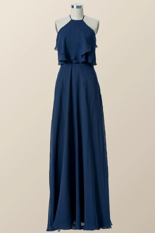 Edgy Fashion Deals Halter Navy Blue Chiffon Long Bridesmaid Dress Chic Sophistication