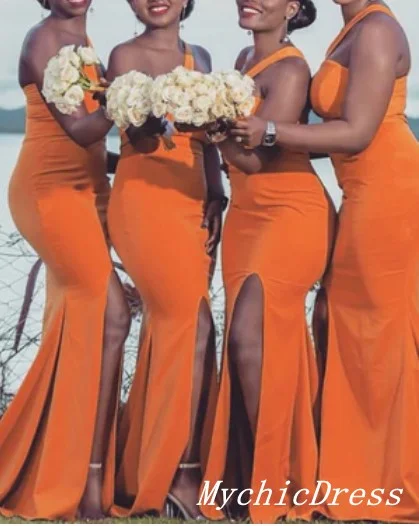 Glamorous Fashion Offers One Shoulder Orange Wedding Guest Dresses Mermaid Bridesmaid Dresses with Split Contemporary Elegance