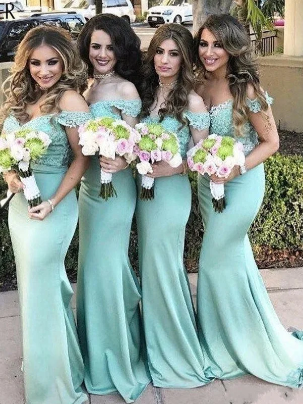 Shop The Hottest Deals Off the Shoulder Mermaid Mint Green Long Bridesmaid Dress Feminine Allure