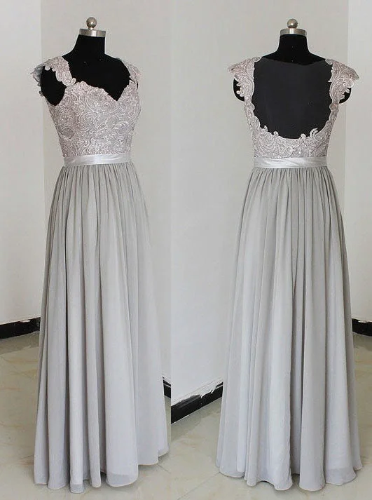 Daily Deals Elegant A-Line Chiffon Silver Long Bridesmaid Dress with Lace Appliques Romantic Flair