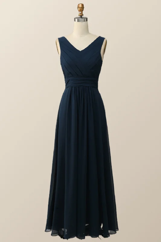 Vintage Style Deals Navy Blue Pleated Chiffon A-line Long Bridesmaid Dress Effortless Comfort