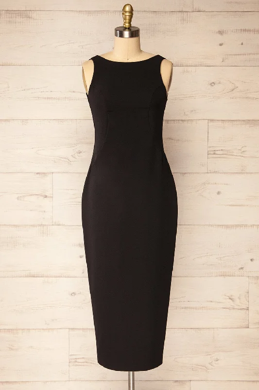 Exclusive Designer Style Deals Kovna Black | Fitted Midi Dress w/ Open Back Refined Look