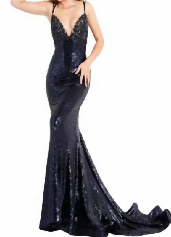 Vintage-Modern Style Offers Sequin Fitted Gown In Navy Urban Sophistication