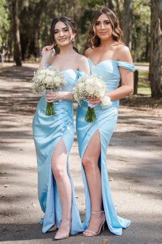 Break Fashion Norms Blue Off-the-Shoulder Pleated Long Bridesmaid Dress with Slit Cottagecore Rustic Charm Style