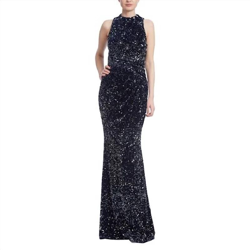 Elevated Casual Discounts Sleeveless Sequined Velvet Column Gown In Blue Multi Ethnic Cultural Event Wear