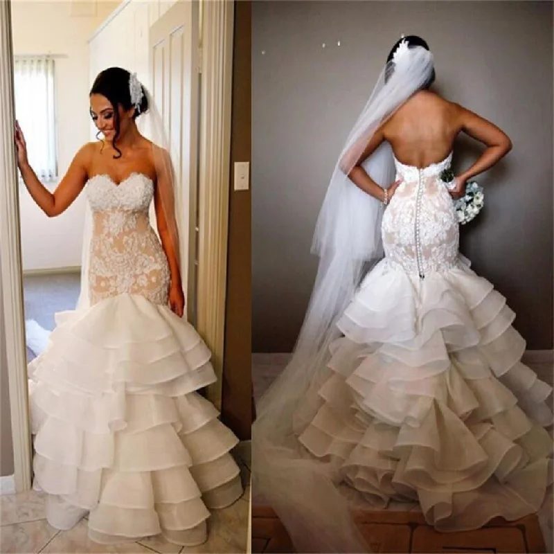 Exclusive Fashion Deals Elegant Lace Tiered Open Back Strapless Mermaid Unique Custom Wedding Dress , PD0228 Vintage Elegance