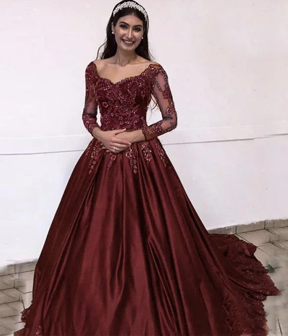 Seasonal Style Discounts Burgundy lace long sleeve prom dress formal dress   cg11146 Feminine Charm