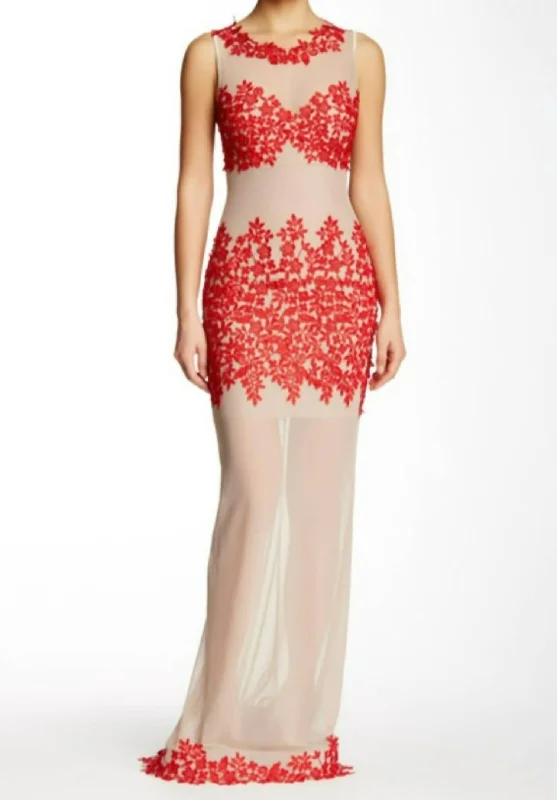 On-Trend Fashion Offers Illusion Gown In Red, Beige Floral Style