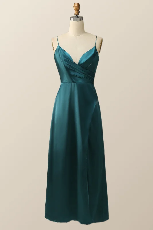 Urban Style Promotions Straps Dark Green Satin Pleated Long Bridesmaid Dress Romantic Flair