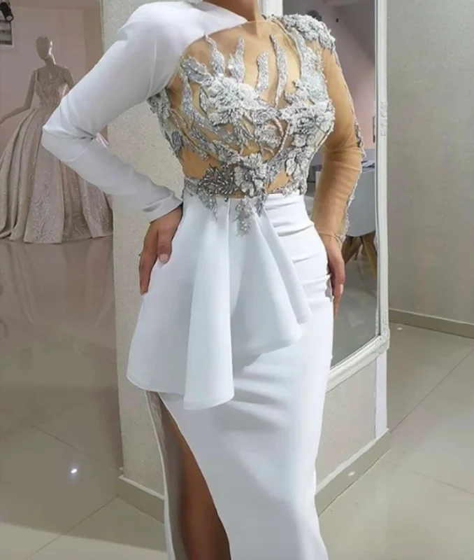 Imeless Style white prom dresses 2021 lace appliques beading sequins long sleeve mermaid sheath side slit sashes long evening dresses   cg13440 Luxury Comfort