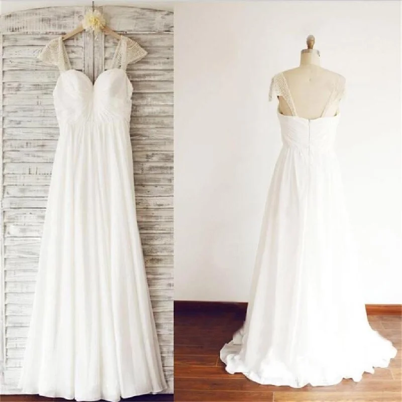 Smart Casual Deals Cap Sleeve Elegant Sea Beach Cheap Chiffon Wedding Dresses With Beading, WD0176 Graceful Drape