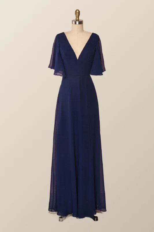 Sophisticated Fashion Flare Sleeves Navy Blue Chiffon Long Bridesmaid Dress Great Deals on Ethnic Cultural Wear