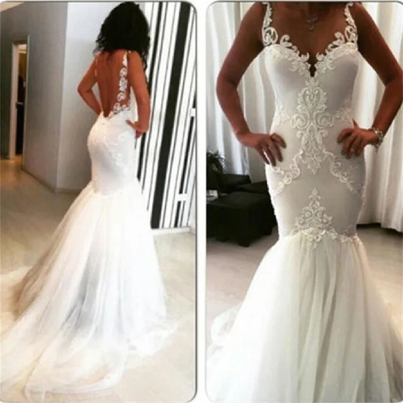 Modern Fashion Sale New Mermaid Sexy Backless Strips V-Neck Lace Free Custom  Handmade Wedding Dresses, PD0279 Bold Silhouette