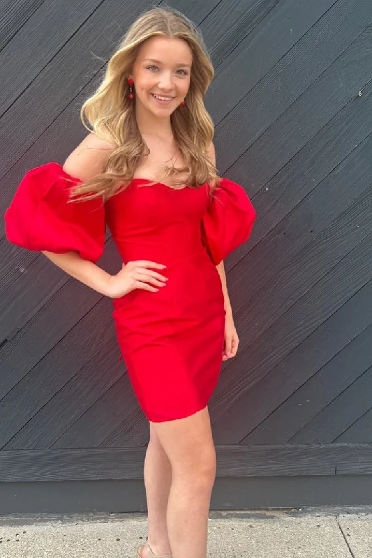 Athleisure Style Sale Strapless Red Satin Short Homecoming Dress with Balloon Sleeves Vintage Charm