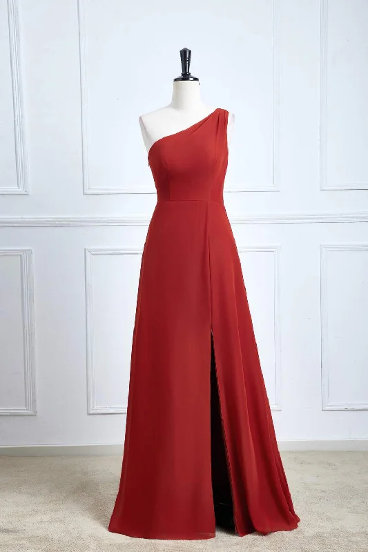 Stupidly Low Prices Rust One Shoulder A-line Chiffon Long Bridesmaid Dress with Slit Bold Patterns