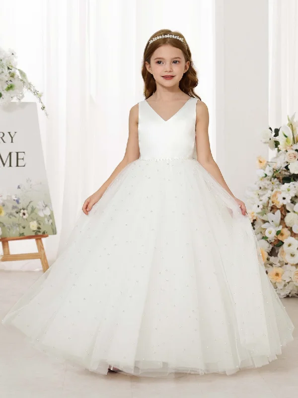 Spring Fashion Ball-Gown Tulle Satin Sleeveless V-Neck Floor-Length Flower Girl Dresses Minimalist Office - Ready Style