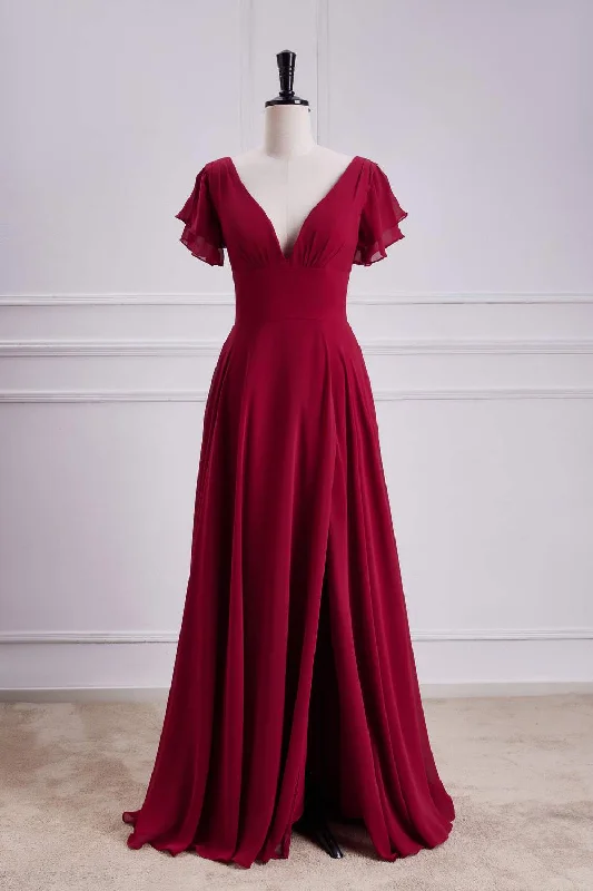 Special Offers, Don't Miss Wine Red Flaunt Sleeves V Neck A-line Long Bridesmaid Dress with Slit Seasonal Trend