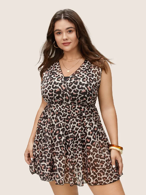 Vintage Style Deals Leopard Print Tiered Mesh Sleeveless Swim Dress Chic Urban Fashion Look