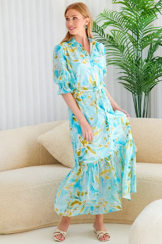 Vintage-Modern Style Offers Sienna Shirt Dress Blue/Green Seaweed Print Great Deals on Ethnic Cultural Wear