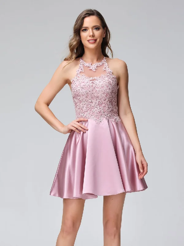 Stylish Looks A-Line High Neck Sleeveless Satin Short Lace Dresses with Appliques Fashion-Forward Style