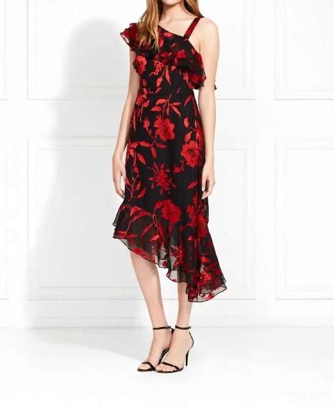 Winter Warehouse Sale Antonia Satin Flower Burnout Dress In Black/red Flash Sale