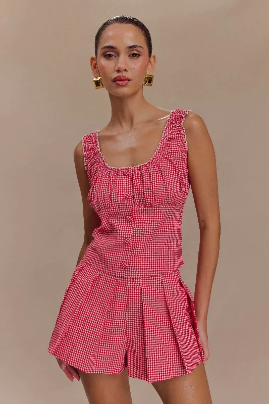 Mega Sale Ines Sleeveless Ruched Top - Red Gingham Luxe Layering