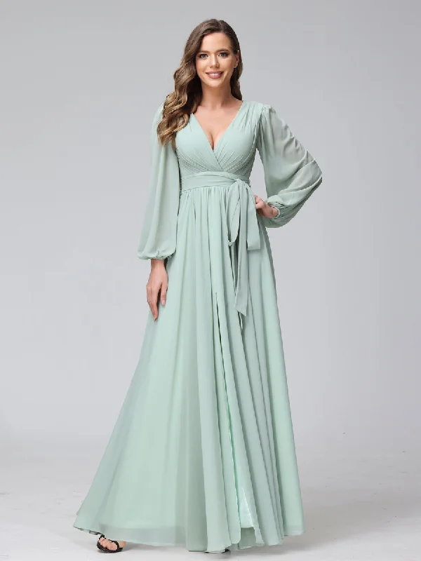 Budget-Friendly Fashion A-Line V-Neck Long Sleeves Chiffon Long Bridesmaid Dresses With Ruffles Split Side Classic Timeless Elegant Style