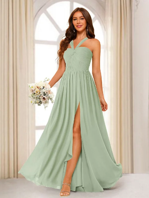 Cool Prices A-Line/Princess Halter Long Bridesmaid Dresses with Split Side Rustic Countryside Charm Look