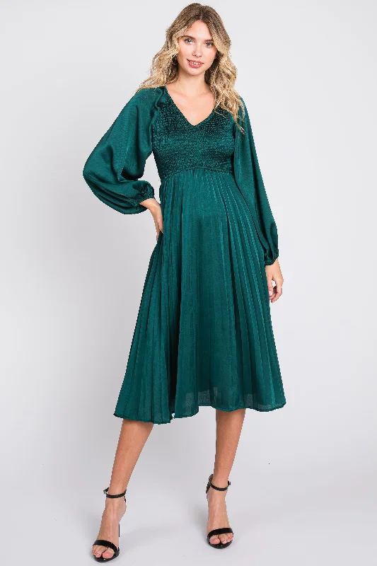 Trendy Pulse Forest Green Satin Smocked and Pleated Midi Dress Floral Style