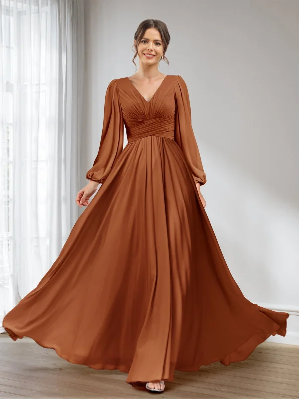 Casual Fashion A-Line/Princess V-Neck Long Sleeves Chiffon Long Bridesmaid Dresses With Pockets Casual Chic