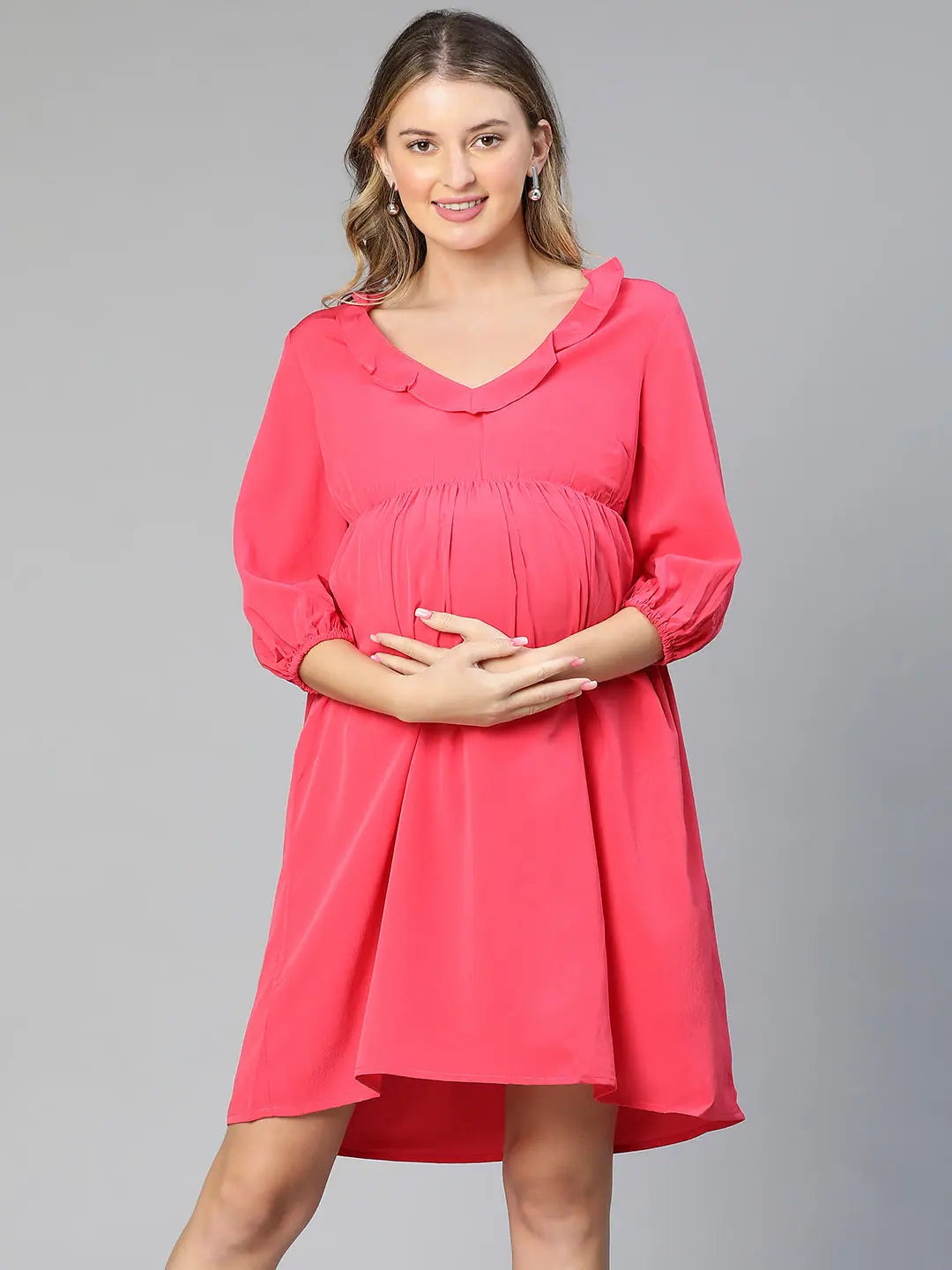 The Latest Fashion Trends Women round neck ruffled Pink maternity dress Casual Weekend Relaxed Style