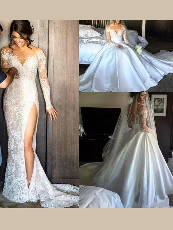 Chic & Modern Sales Luxury Lace Side-slit Mermaid with Detachable A-line Satin Wedding Dress, PD0223 Feminine Soft - Hued Look