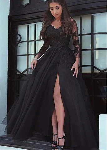 Seasonal Picks Long Sleeves Sexy Split Black Cheap Long Evening Prom Dresses cg694 Urban Sophistication