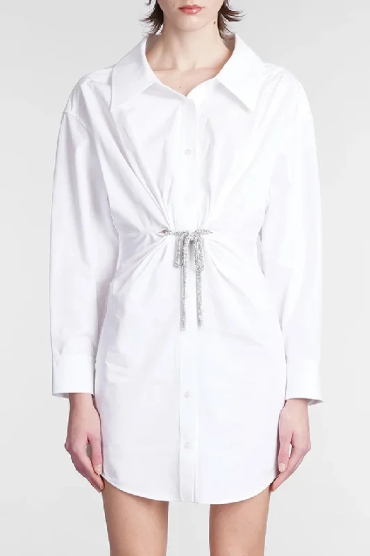 Catch Every Fashion Trend Sparkly Tie Waist Collared Long Sleeve Button Down Mini Shirt Dress - White Bold Patterns