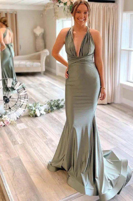 Flash Sale Fever Simple Gray Green Wedding Guest Dress Mermaid Satin Bridesmaid Dresses Long Feminine Elegance