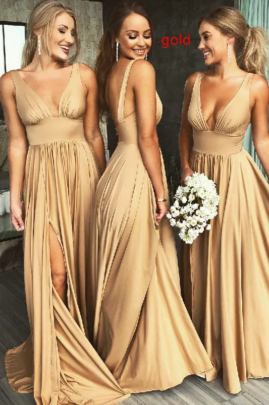 Romantic Chic Deals Elegant A-Line V Neck Gold Long Bridesmaid Dress with Side Slit Elevated Style